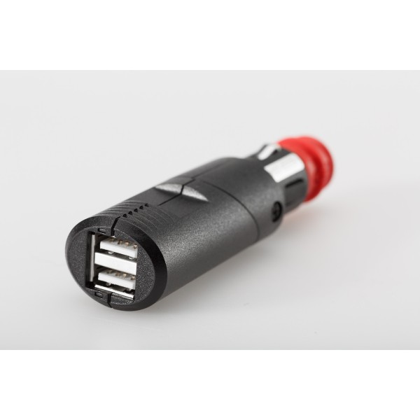 Conector universal con doble puerto USB Carcasa doblegable. 2 x 2.100 mA. 12 - 24 V.