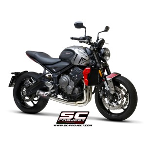 SC Project para TRIUMPH TRIDENT 660 (2021 - 2024) - Línea de escape completa 3-1 acero inoxidable, con escape CR-T carbono con m