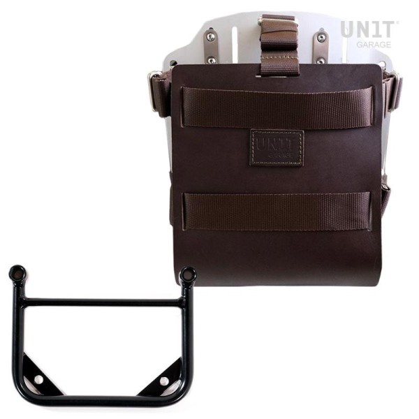 Portabolsa de aluminio con frontal de cuero ajustable, enganche rápido y marco universal