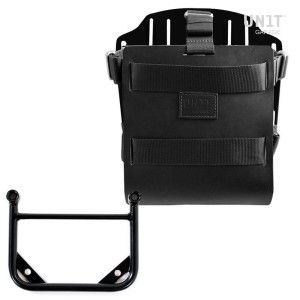 Portabolsa de aluminio con frontal de cuero ajustable, enganche rápido y marco universal