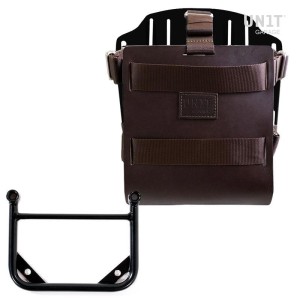 Portabolsa de aluminio con frontal de cuero ajustable, enganche rápido y marco universal