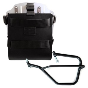 Portabolsa de aluminio con frontal de cuero ajustable, enganche rápido y marco