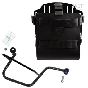 Portabolsa de aluminio con frontal de cuero ajustable, enganche rápido y marco
