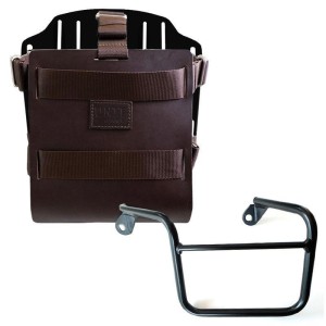 Portabolsa de aluminio con frontal de cuero ajustable, enganche rápido y marco