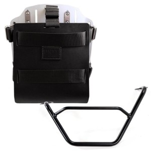 Portabolsa de aluminio con frontal de cuero ajustable, enganche rápido y marco
