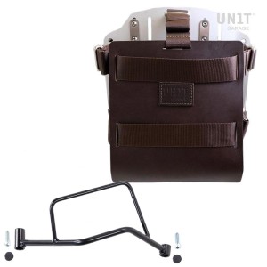 Portabolsa de aluminio con frontal de cuero ajustable, enganche rápido y marco