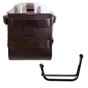 Portabolsa de aluminio con frontal de cuero ajustable, enganche rápido y marco