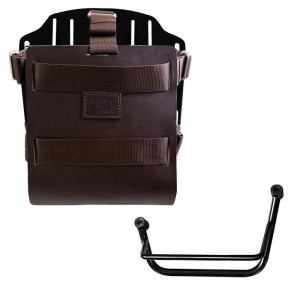 Portabolsa de aluminio con frontal de cuero ajustable, enganche rápido y marco