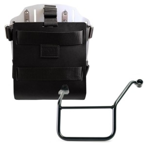 Portabolsa de aluminio con frontal de cuero ajustable, enganche rápido y marco