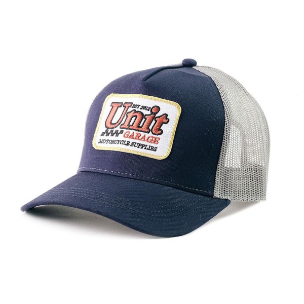 Gorra trucker box con logo azul de unitgarage